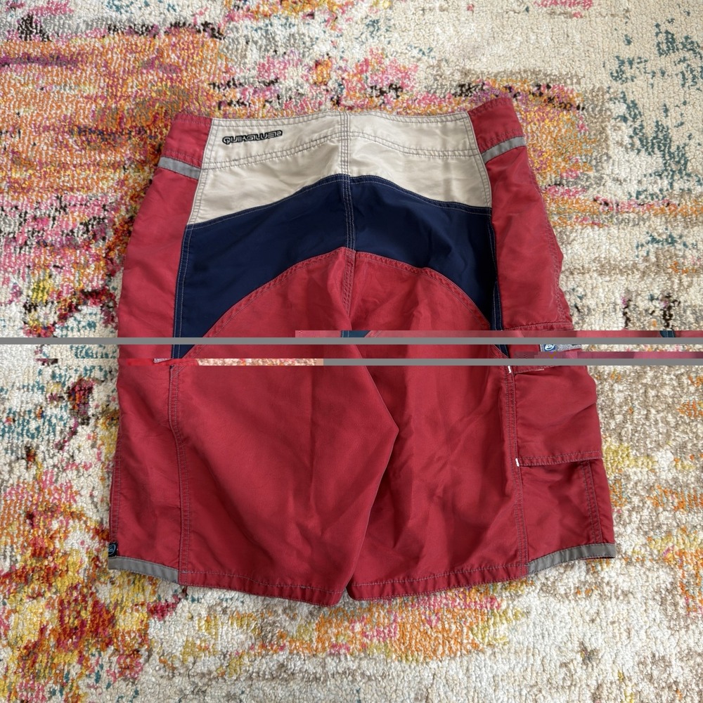 Quiksilver Y2K Colorblock Board Shorts Red Navy Grey Size 34 Surf Swim Trunks